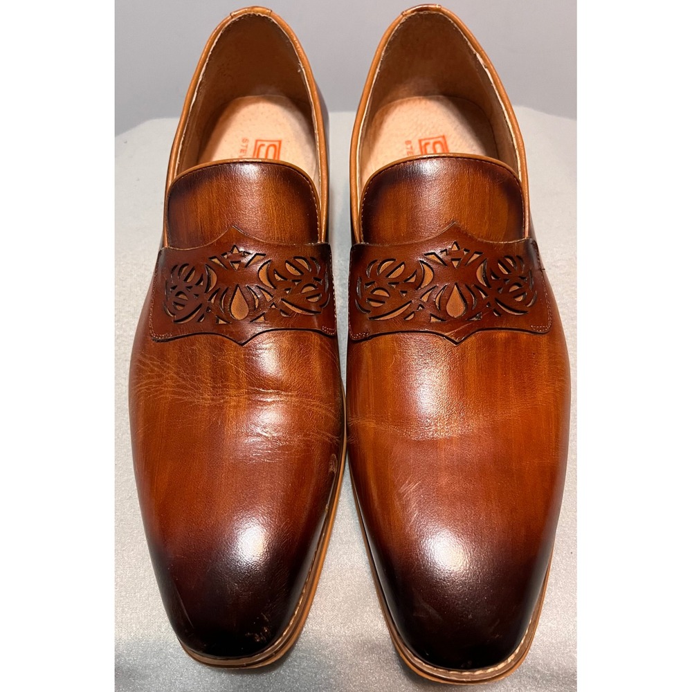 Steven Land Mens Burnished Tan Leather Laser Cut Filigree Loafers Sz 9.5 M Brown